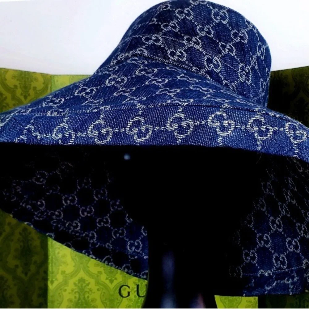 Gucci GG Denim Monogram Bucket Hat Wide Large Brim Navy Blue Jacquard Beach - Picture 6 of 16
